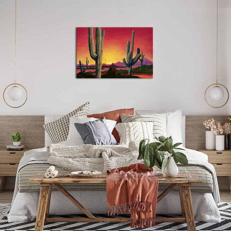 iHAPPYWALL Large Saguaros Landscape Canvas Wall Art Sunset Arizona Cactus Orange Background Sonoran Desert Picture for Home Bedroom Decor Ready to Hang 24x36inch - Image 5